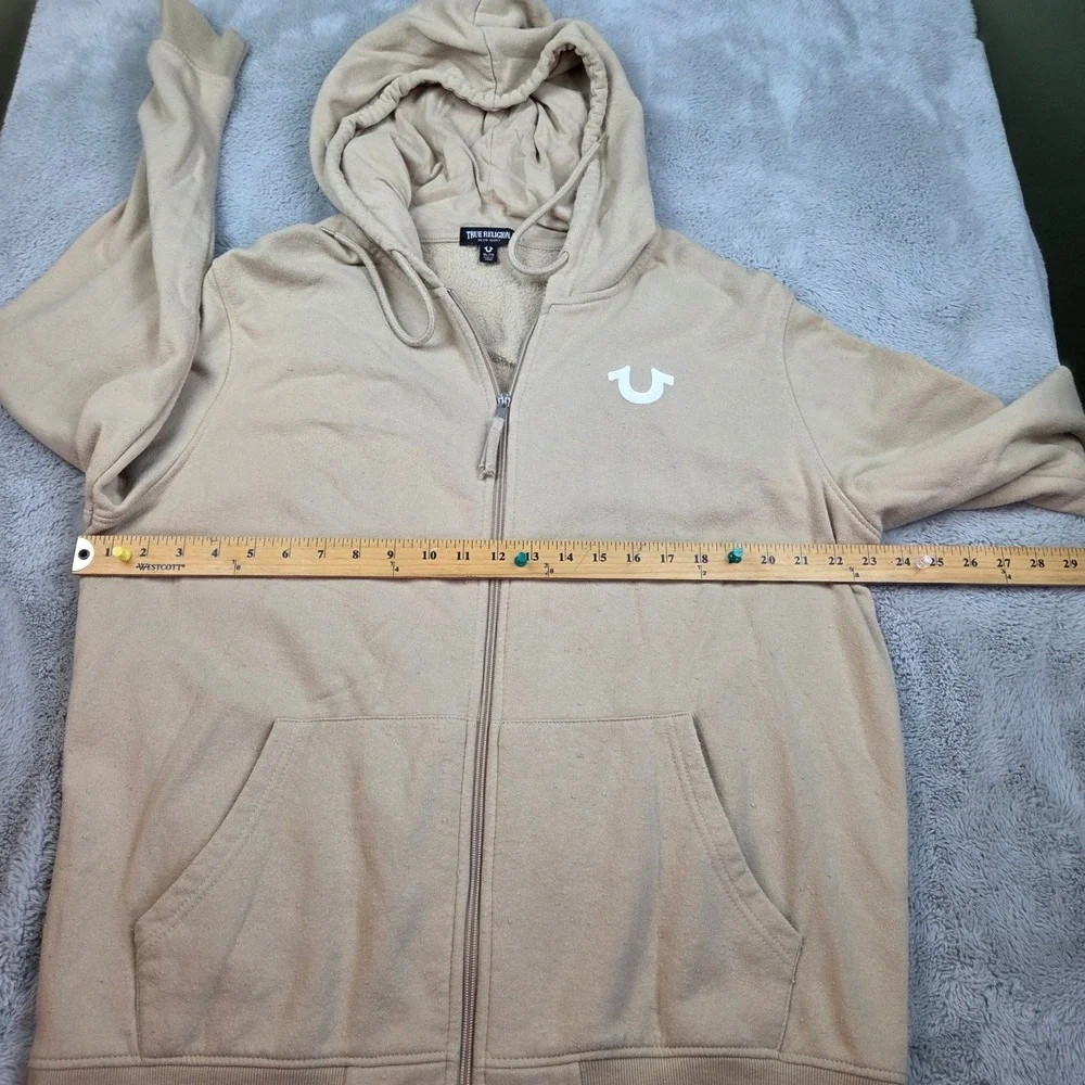 True Religion Zip Up Hoodie Mens XL Buddha Horseshoe Logo Fleece Graphic Khaki